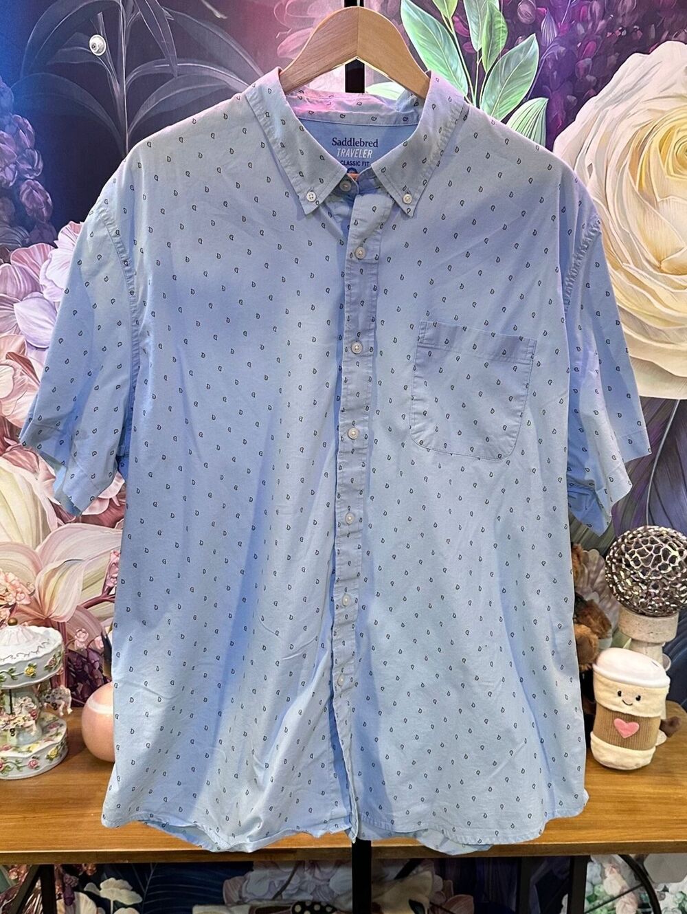Saddlebred Traveler Men's XXL Stretch Short Sleeve Paisley Shirt Light Blue